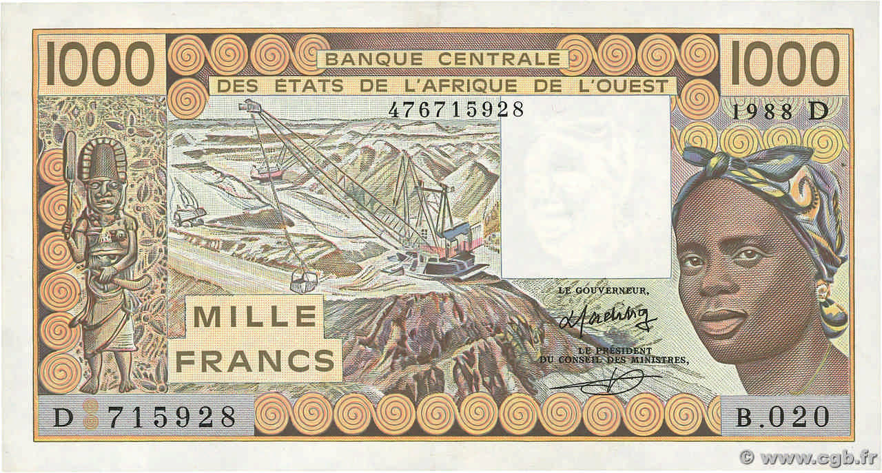 1000 Francs WEST AFRIKANISCHE STAATEN  1988 P.406Da VZ