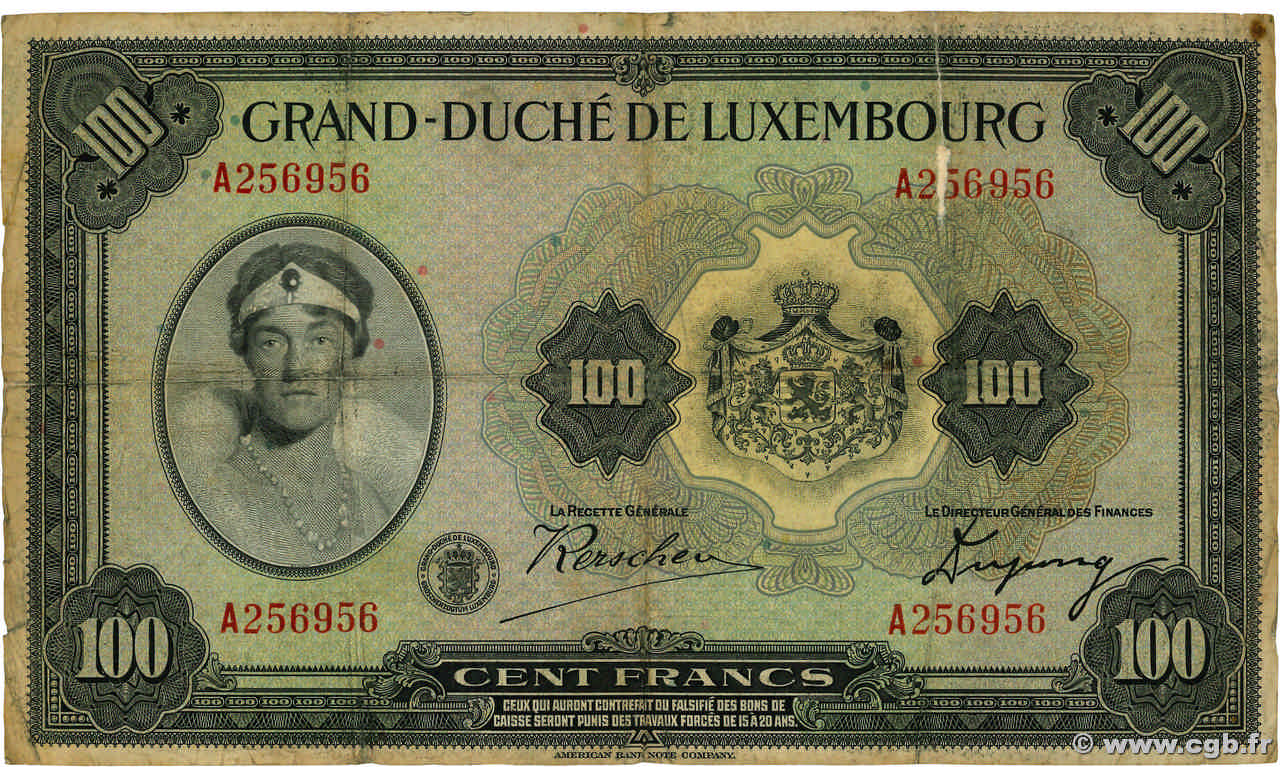 100 Francs LUSSEMBURGO  1934 P.39 q.MB