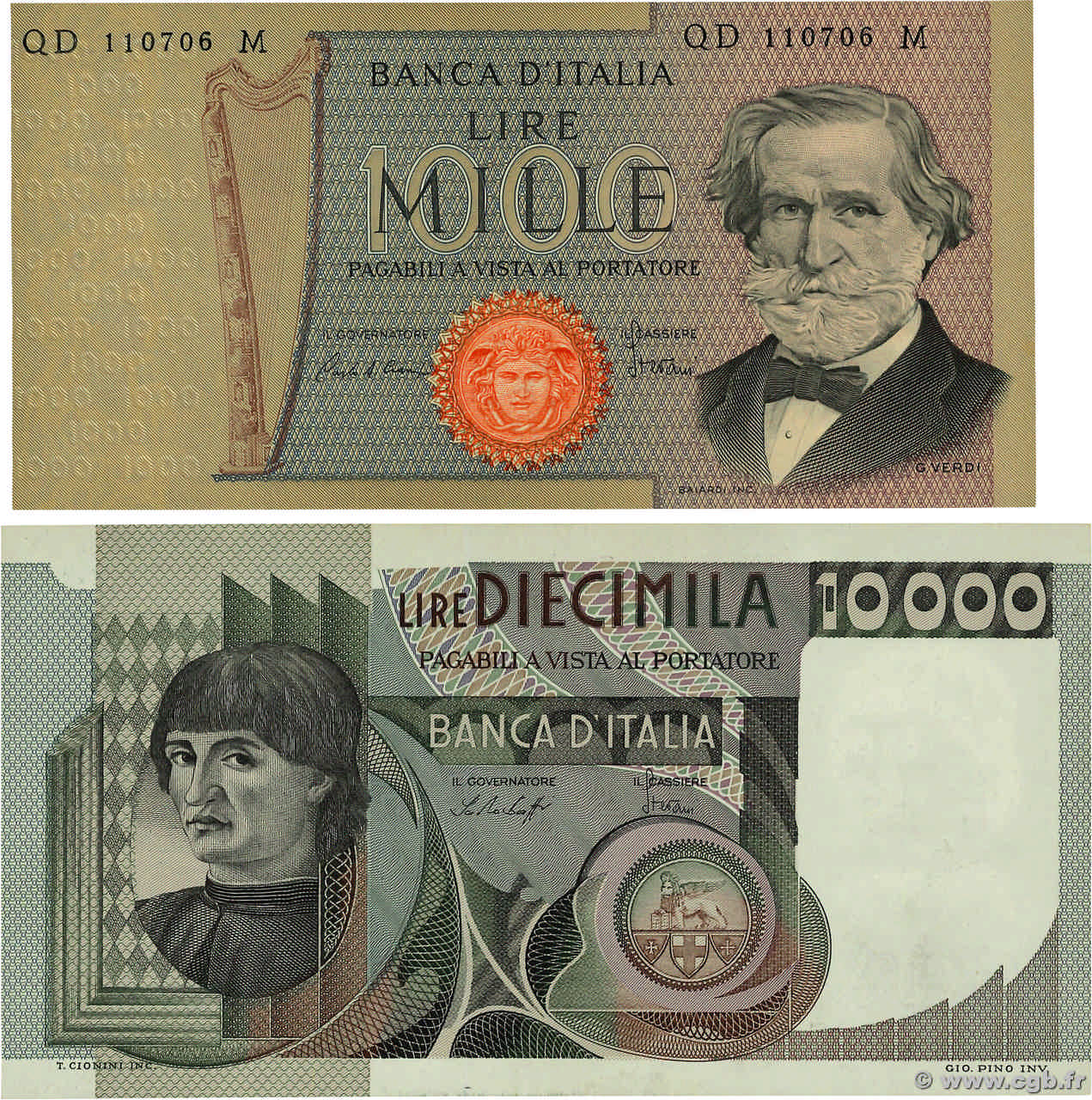1000 et 10000 Lire Lot ITALIEN  1978 P.101g et P.106a fVZ