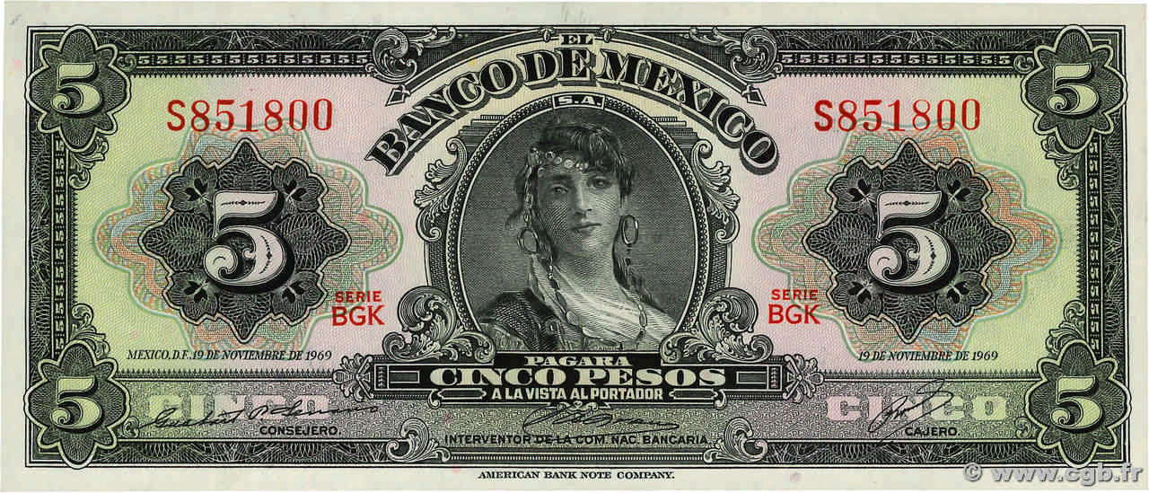 5 Pesos MEXICO  1969 P.060j ST