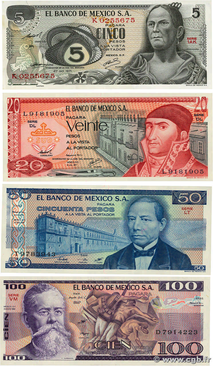5,20, 50 et 100 Pesos Lot MEXIQUE  1981 P.062b, P.064d, P.073 et P.074c NEUF