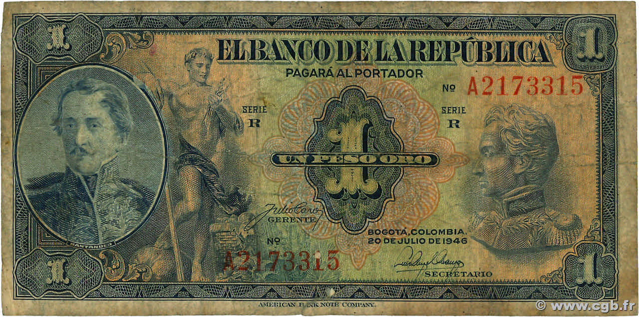 1 Peso Oro COLOMBIA  1946 P.380e RC