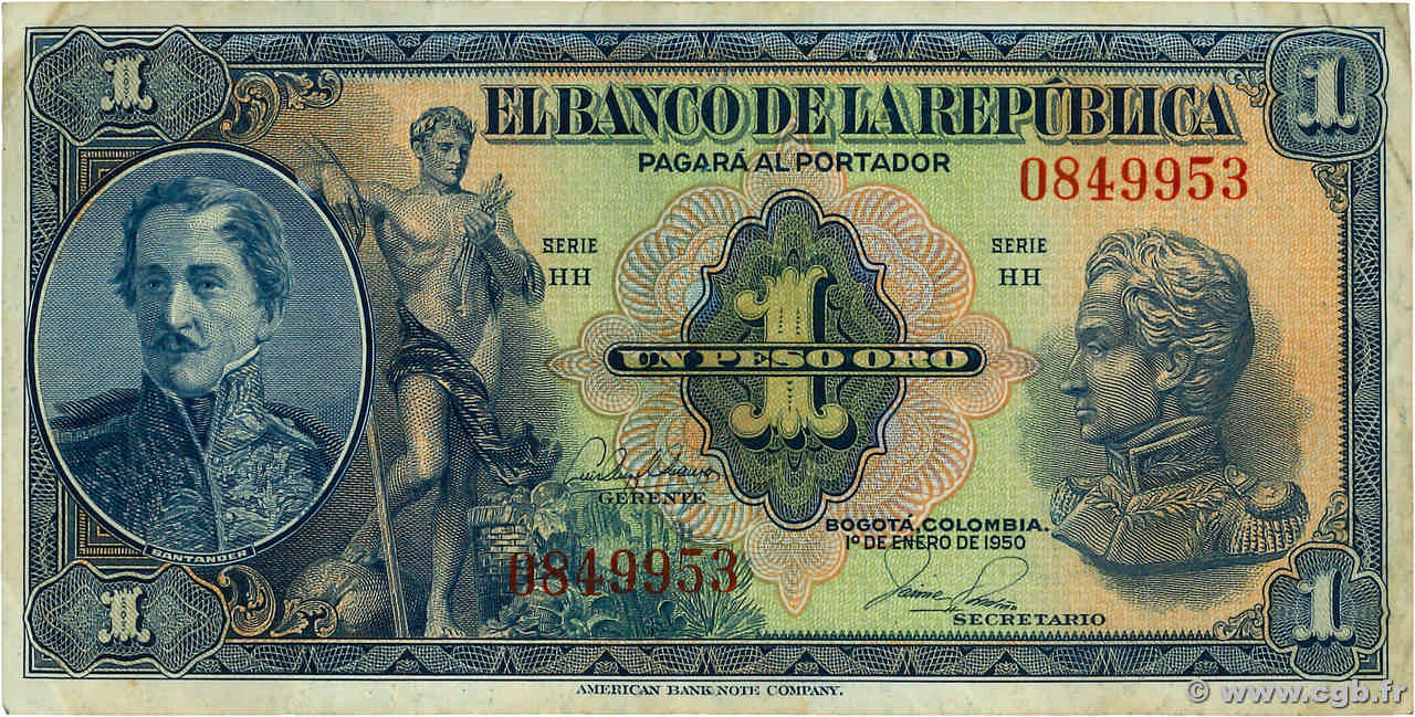 1 Peso Oro COLOMBIE  1950 P.380f TTB