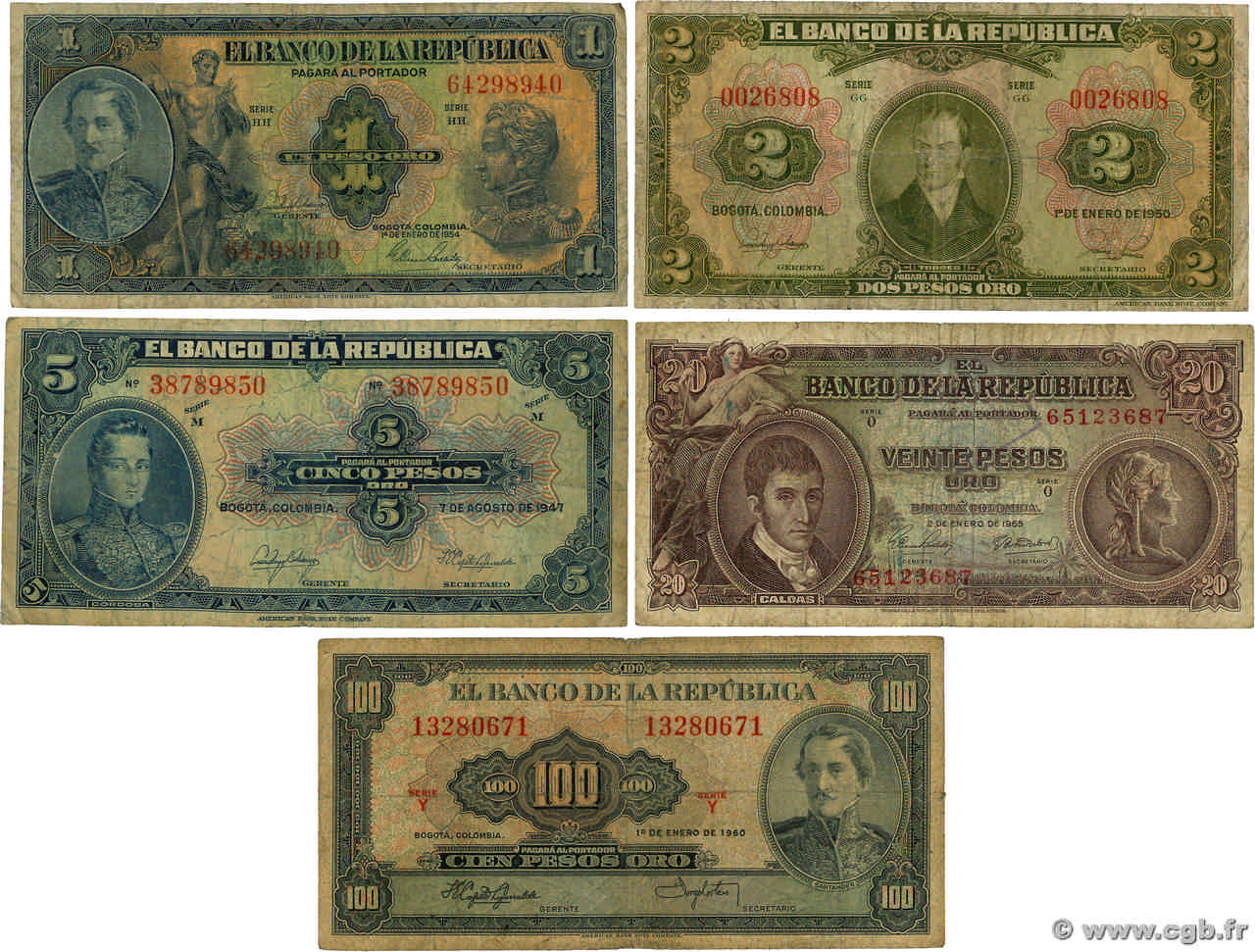1,2,5 20 et 100 Pesos Oro Lot COLOMBIE  1960 P.386c, P.390c P.401c, P.403b B