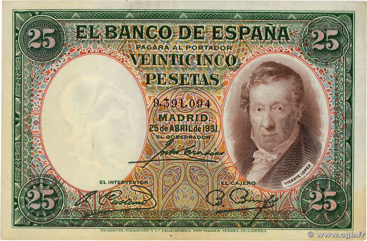 25 Pesetas SPANIEN  1931 P.081 fVZ