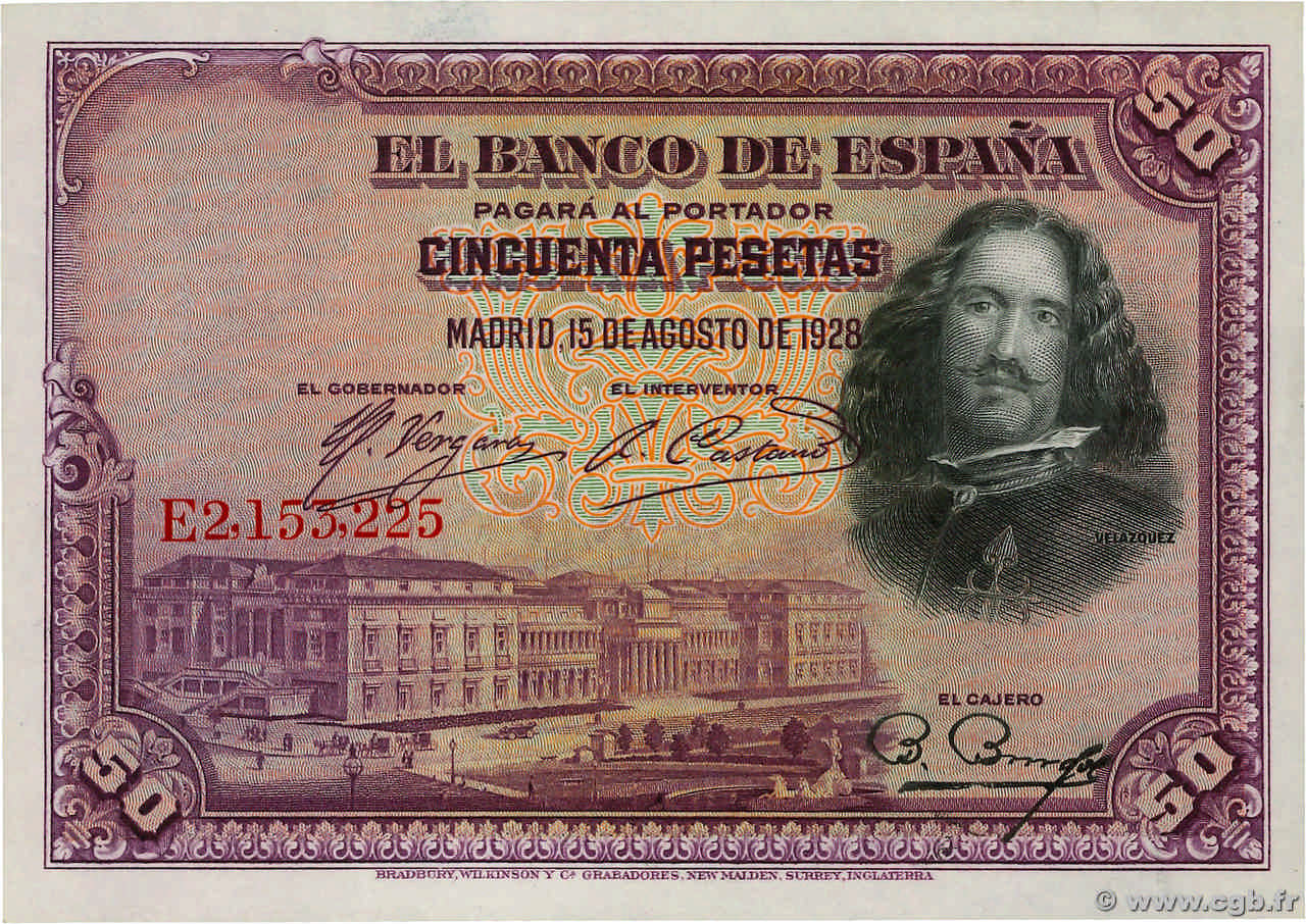 50 Pesetas SPAIN  1928 P.075b AU