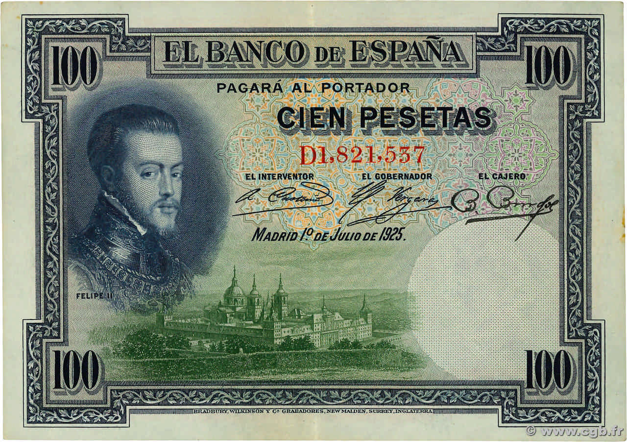 100 Pesetas SPAIN  1925 P.069a AU-