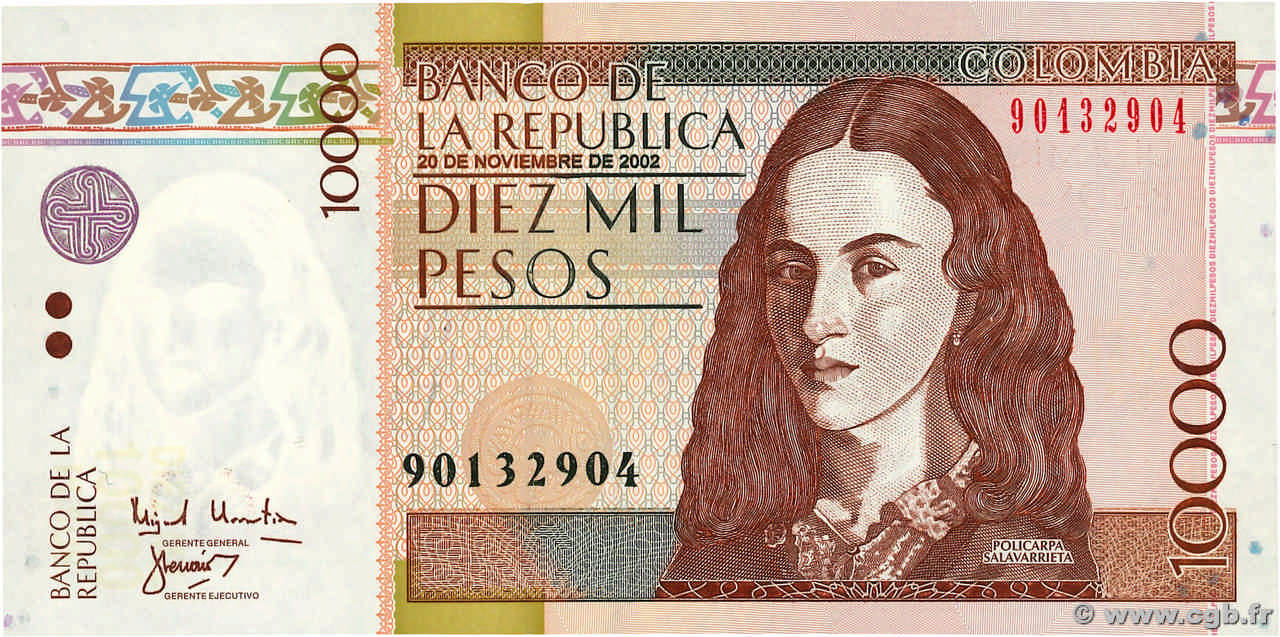 10000 Pesos COLOMBIA  2002 P.453d FDC