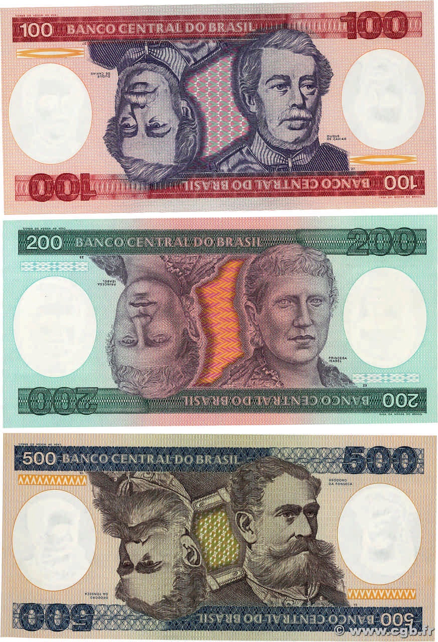 100, 200, 500 Cruzeiros Lot BRASILE  1984 P.198b, P.199b et P.200b FDC