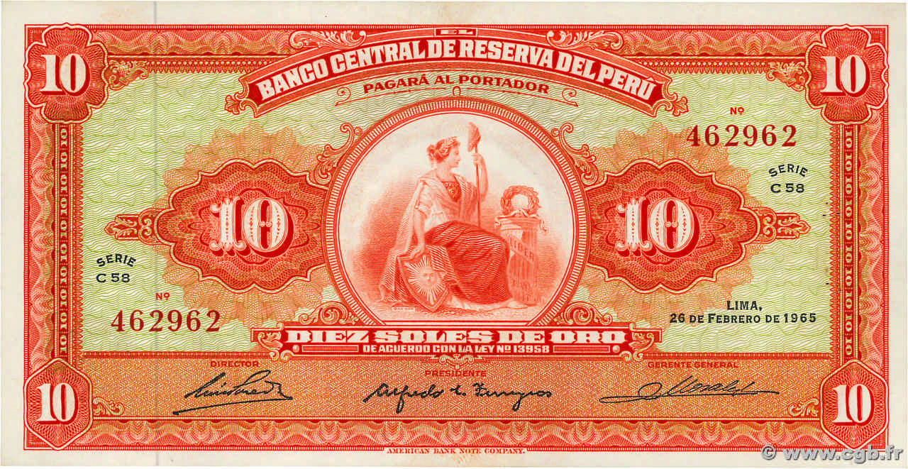 10 Soles de Oro PERú  1965 P.088 EBC