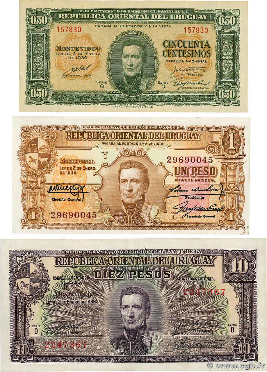 50 Centimes et 1, 10 Pesos Lot URUGUAY  1939 P.034, P.035b et P.037d q.SPL