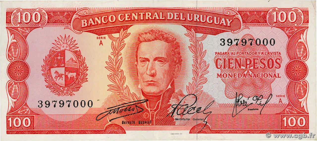 100 Pesos URUGUAY  1967 P.047 AU
