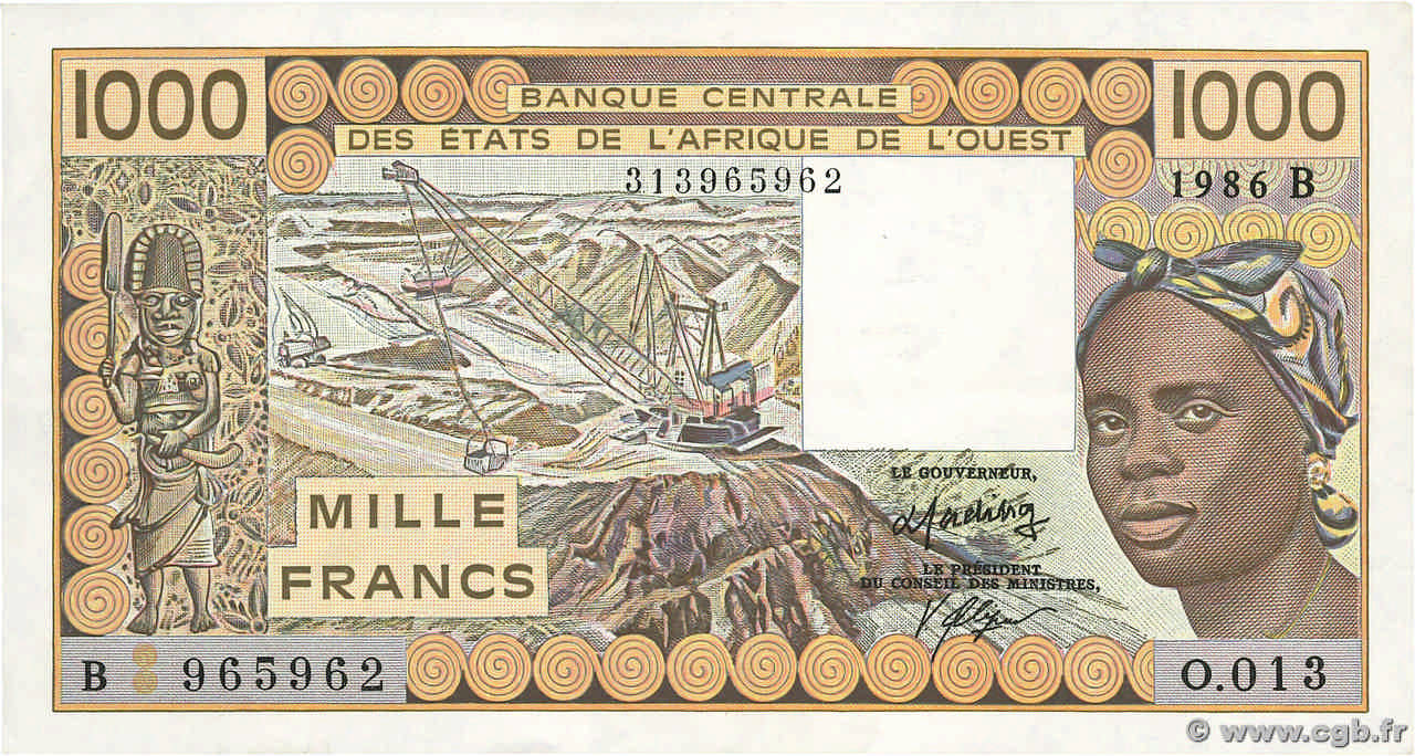 1000 Francs ÉTATS DE L AFRIQUE DE L OUEST  1986 P.207Bf TTB+