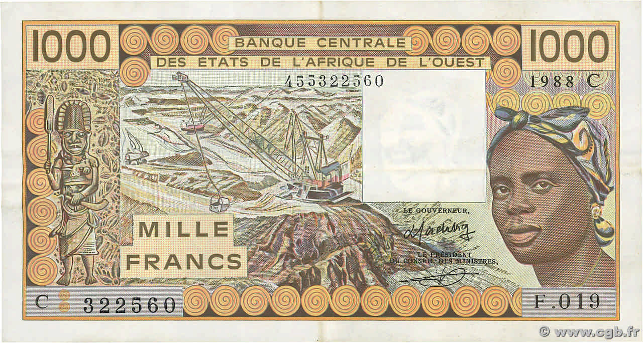 1000 Francs ÉTATS DE L AFRIQUE DE L OUEST  1988 P.307Ca TTB+