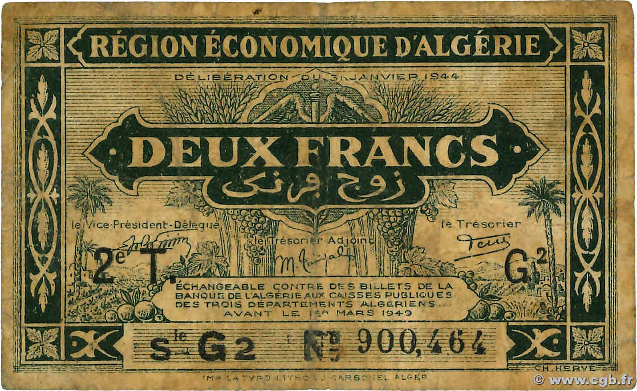 2 Francs ALGÉRIE  1944 P.102 B+