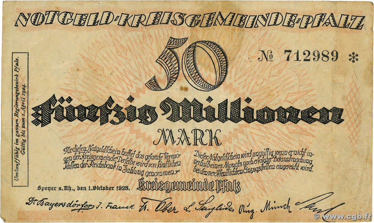 50 Millions Mark ALLEMAGNE Speyer 1923  TTB