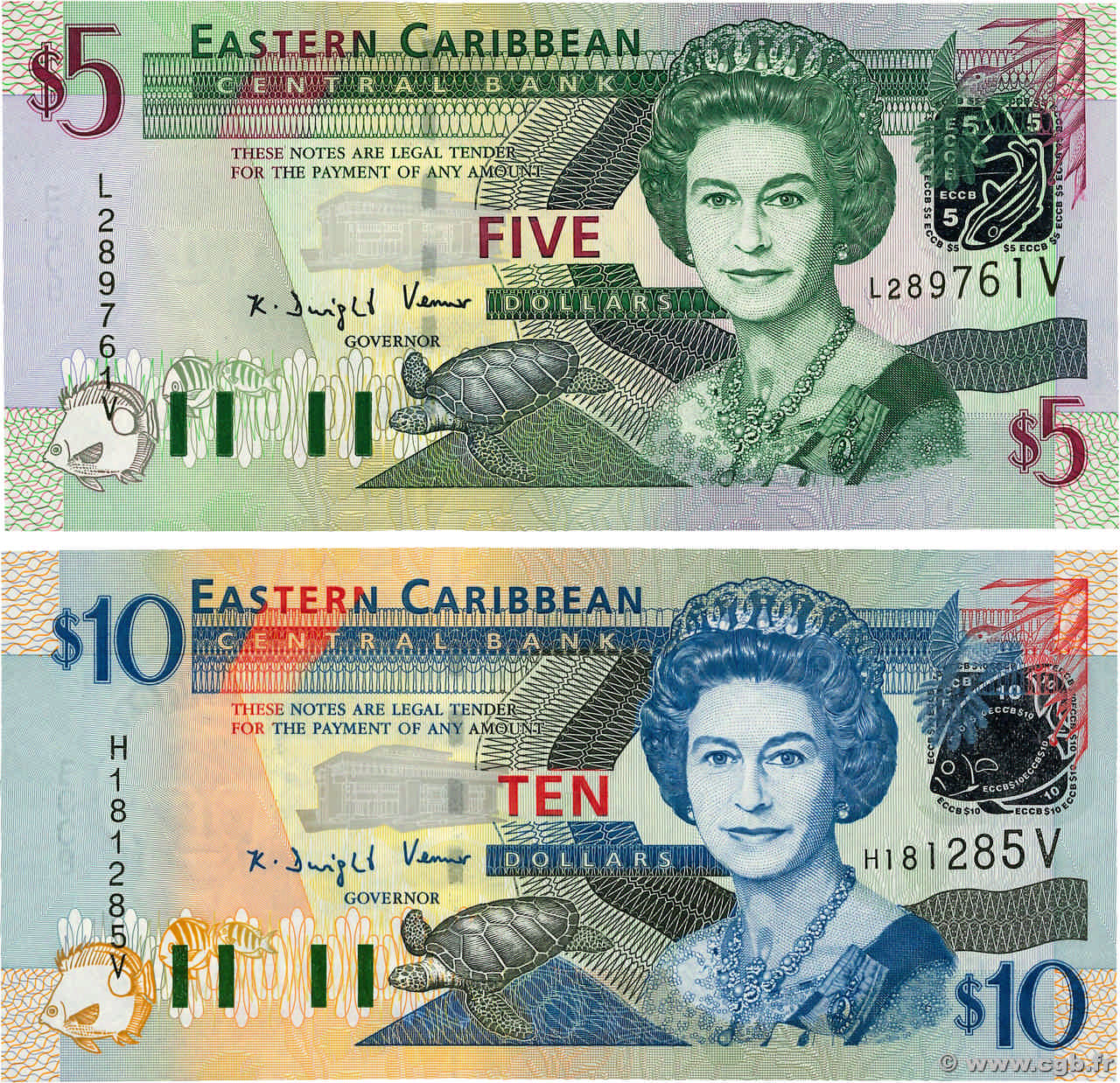 5 et 10 Dollars Lot CARAÏBES  2003 P.42v et P.43v pr.NEUF