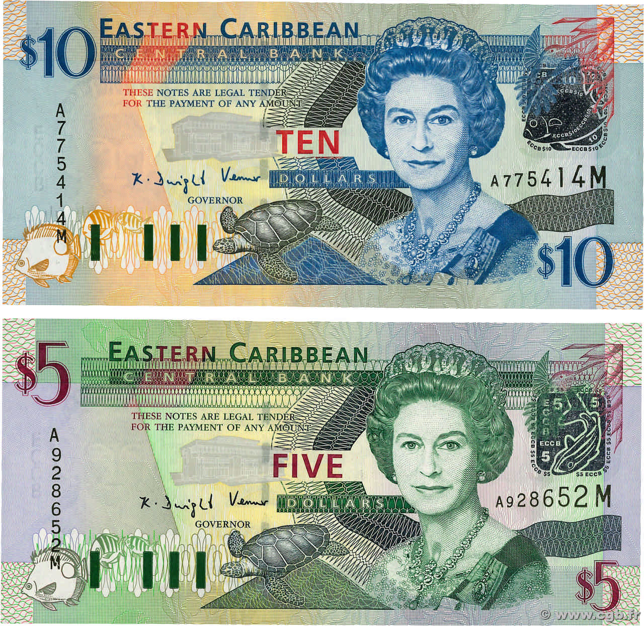 5 et 10 Dollars Lot CARAÏBES  2003 P.42m et P.43m NEUF