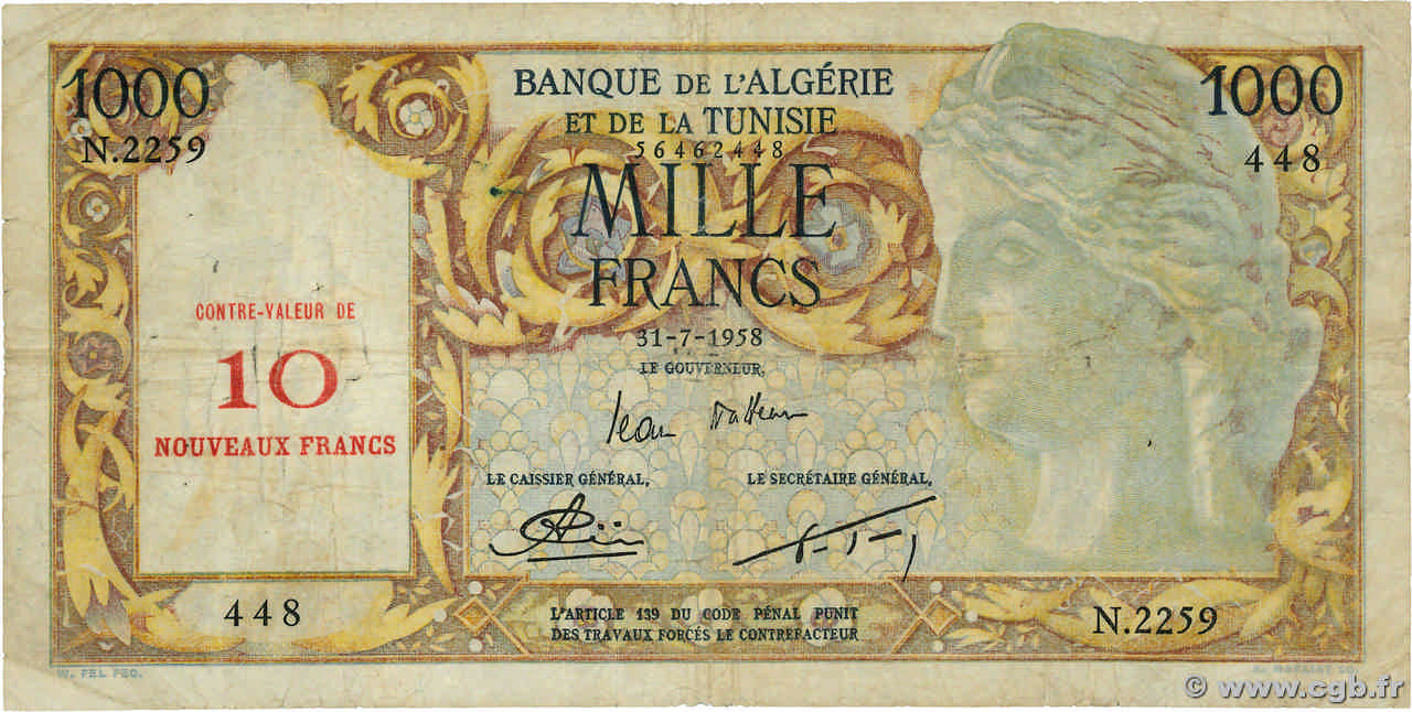 10 NF sur 1000 Francs ALGÉRIE  1958 P.112 B