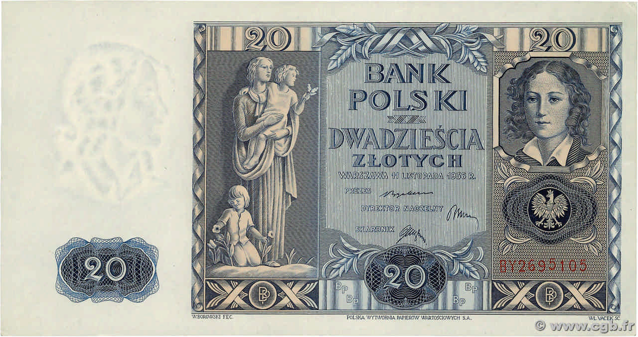 20 Zlotych POLOGNE  1936 P.077 pr.SPL