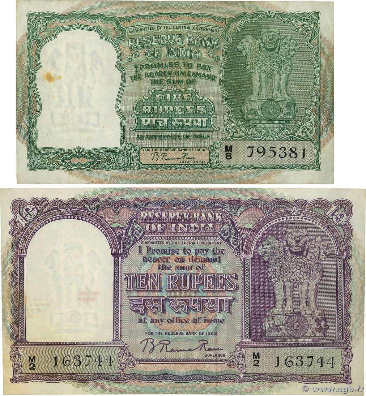 5 et 10 Rupees Lot INDE  1949 P.033 et P.038 TB