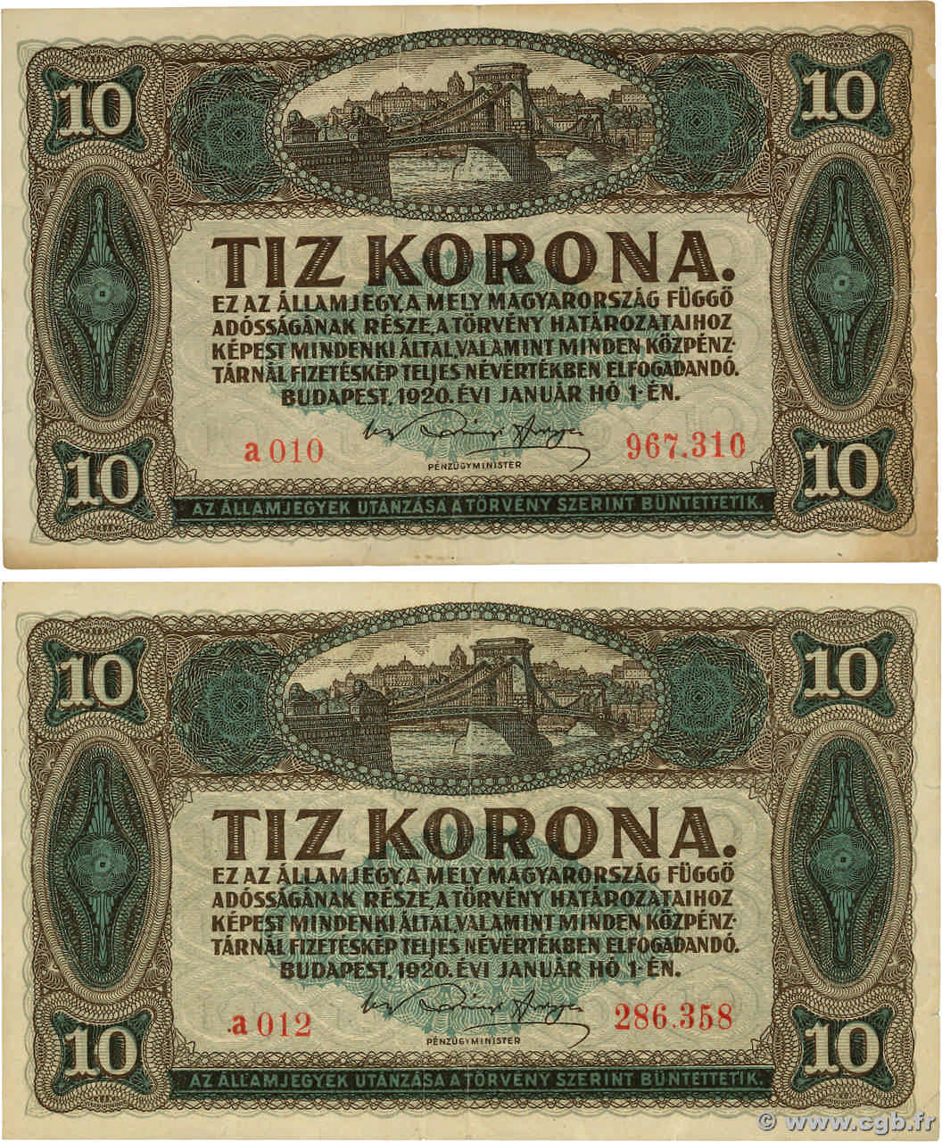 10 Korona Lot HONGRIE  1920 P.060 TB à TTB