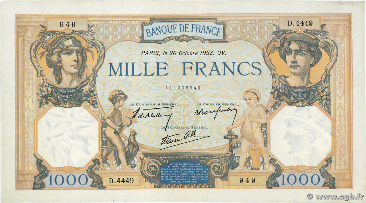 1000 Francs CÉRÈS ET MERCURE type modifié FRANCE  1938 F.38.30 SUP