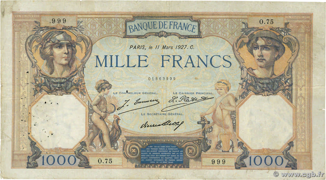 1000 Francs CÉRÈS ET MERCURE FRANCIA  1927 F.37.01 MB