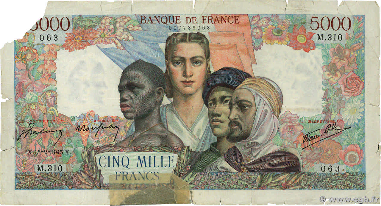 5000 Francs EMPIRE FRANÇAIS FRANCIA  1945 F.47.13 q.B