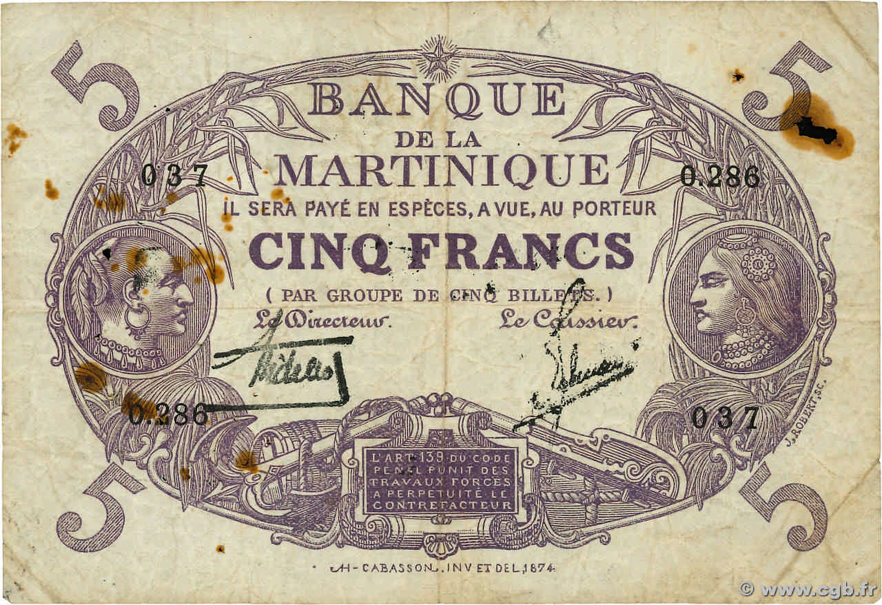 5 Francs Cabasson violet MARTINIQUE 1945 P.06 b02_3327 纸钞