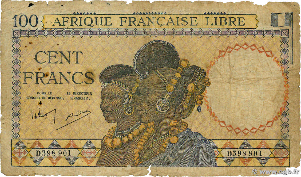 100 Francs type 1941 FRENCH EQUATORIAL AFRICA Brazzaville 1943 A.116b G
