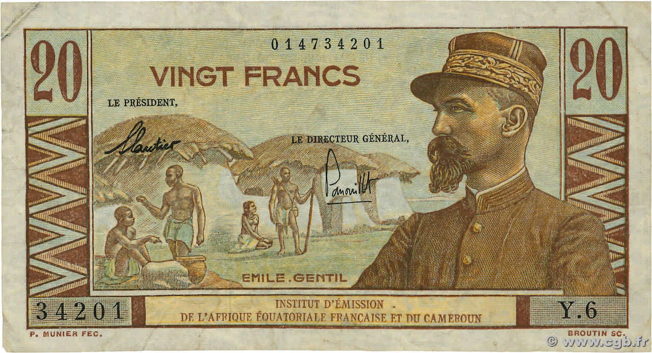 20 Francs Émile Gentil IE FRENCH EQUATORIAL AFRICA  1957 A.139a F+