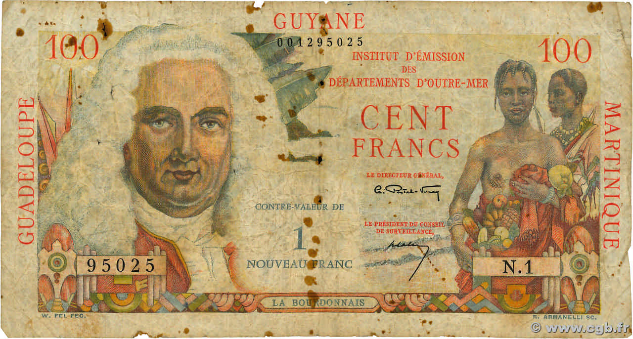 1 NF sur 100 Francs La Bourdonnais FRENCH ANTILLES  1960 P.01a G