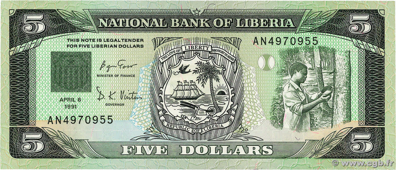 5 Dollars LIBERIA  1991 P.20 UNC