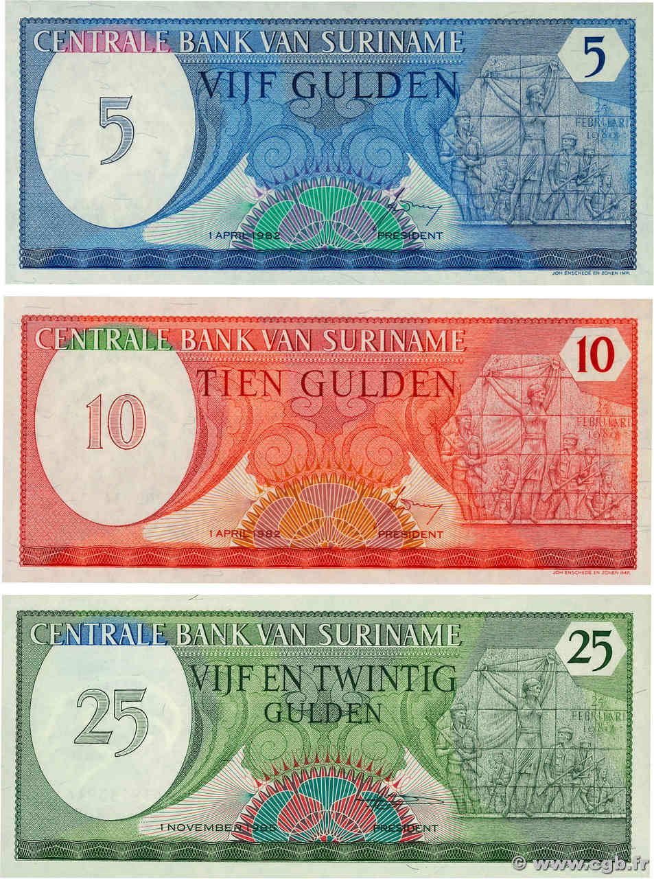 5 au 25 Gulden Lot SURINAM  1982 P.125 au P.127 UNC