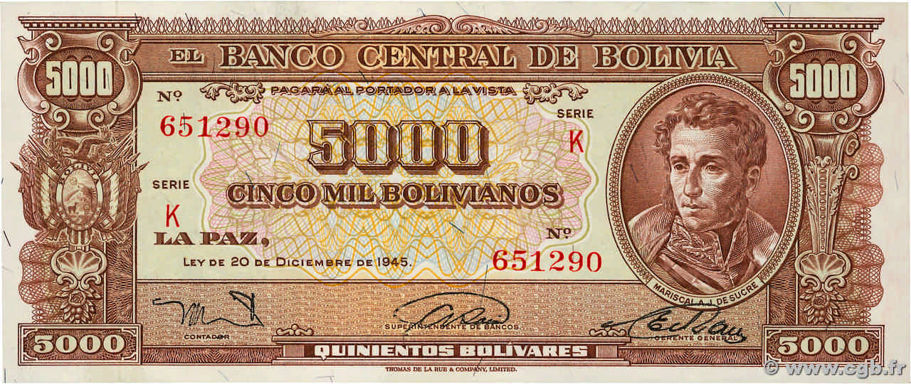 5000 Bolivianos BOLIVIA  1945 P.150 EBC+