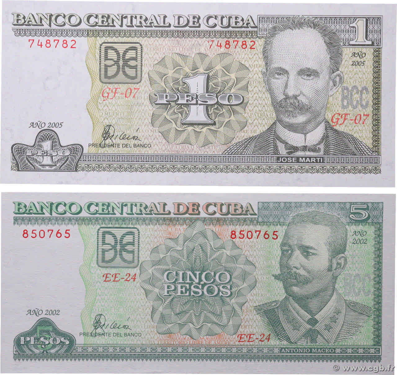 1 et 5 Pesos Lot CUBA  2002 P.116e et P.121e NEUF