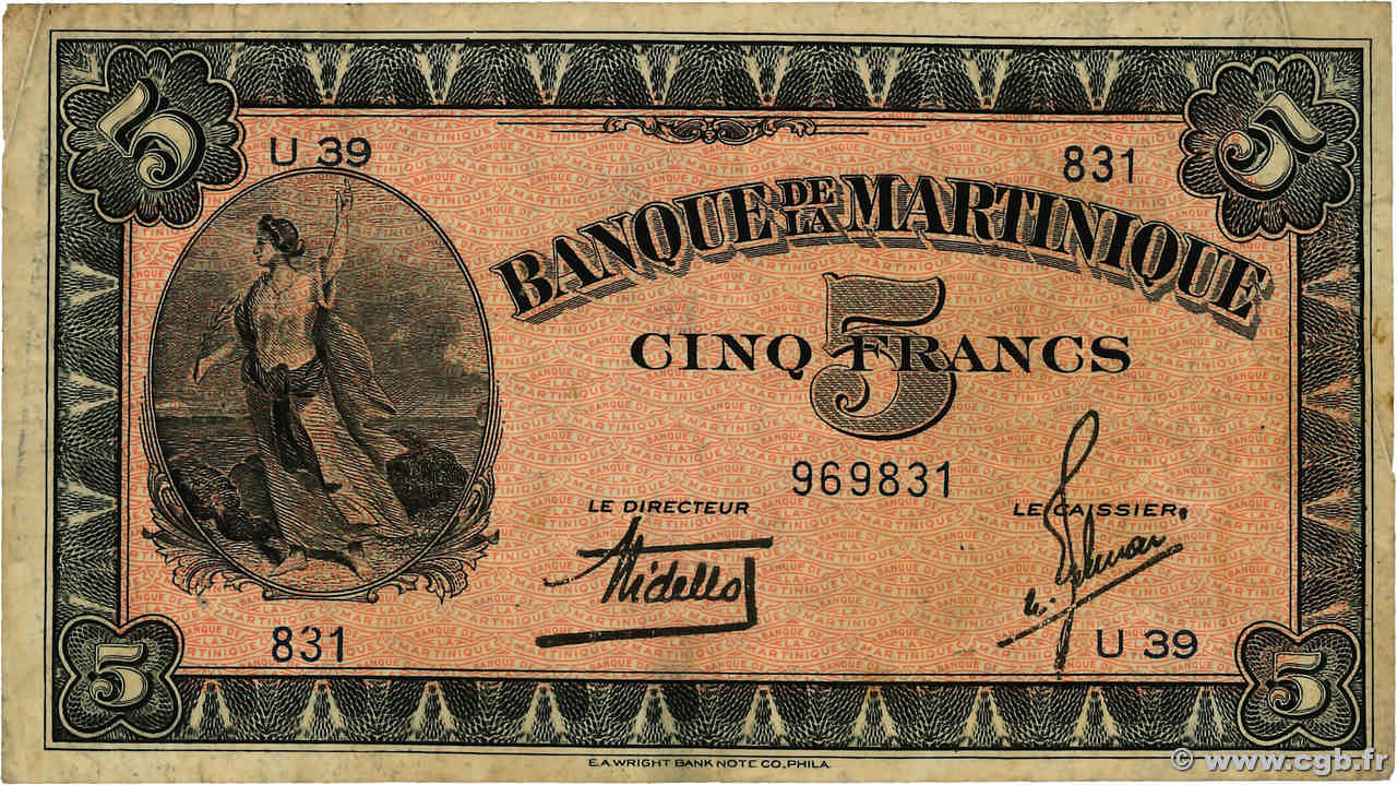5 Francs MARTINIQUE  1942 P.16b TB
