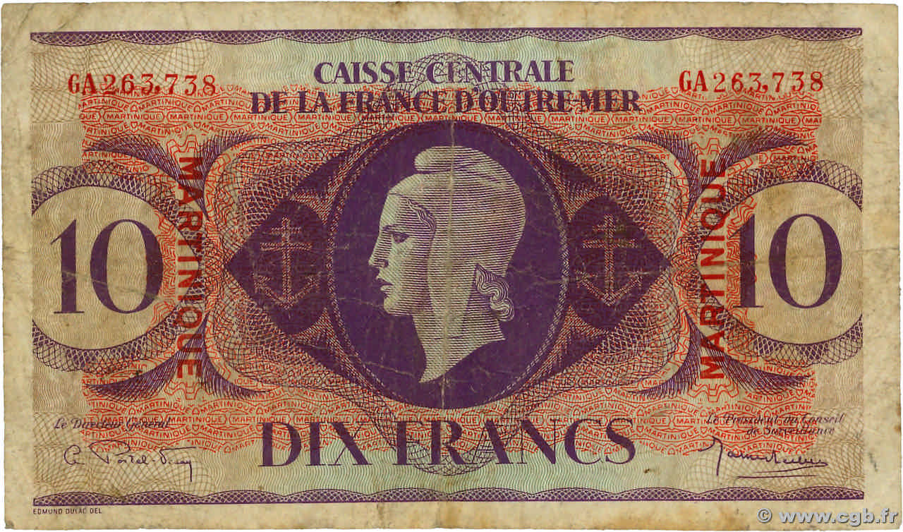 10 Francs MARTINIQUE  1944 P.23 TB
