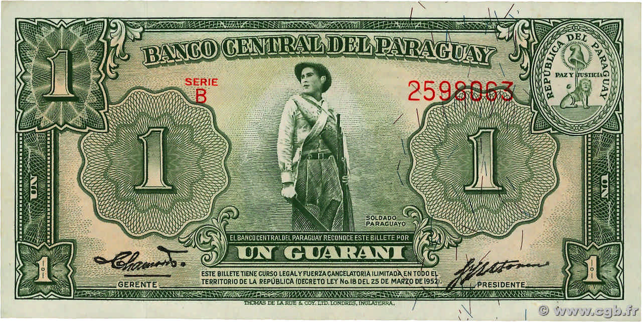 1 Guarani PARAGUAY  1952 P.185b SPL+