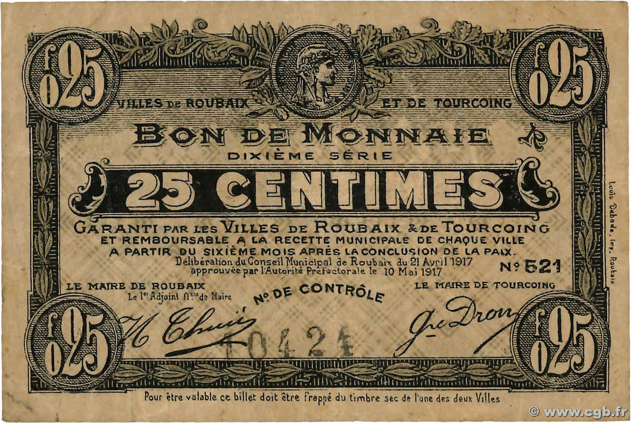 25 Centimes FRANCE régionalisme et divers Roubaix et Tourcoing 1917 JP.59-2151 TTB