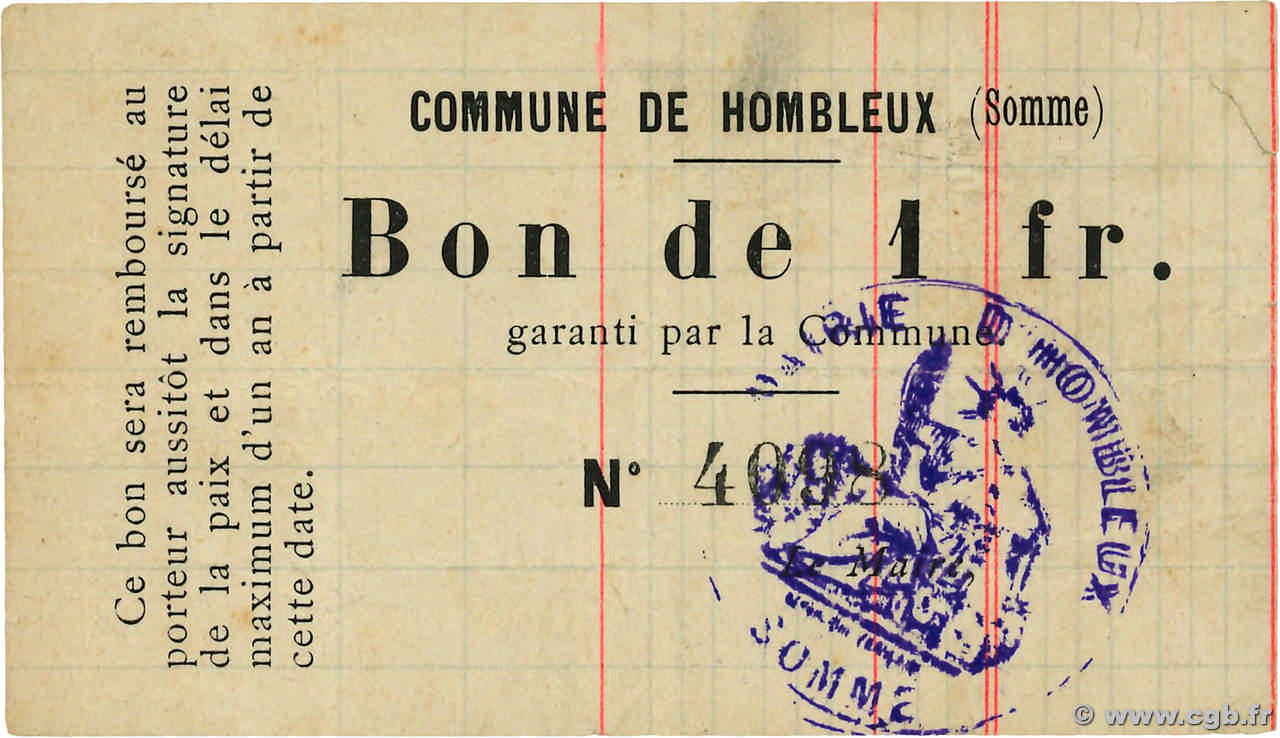 1 Franc FRANCE régionalisme et divers Hombleux 1914 JP.80-276 pr.TTB