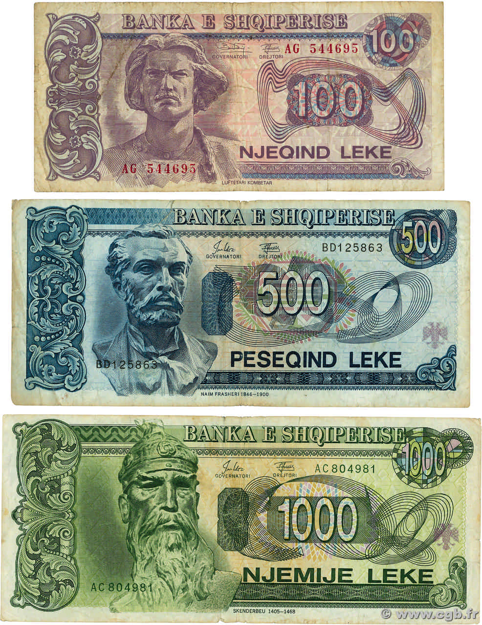 100, 500 et 1000 Leke Lot ALBANIA  1994 P.55b, P.57a et P.58a BC