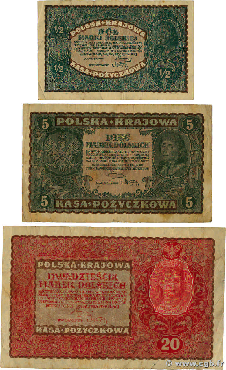 1/2 Marki, 5 et 20 Marek Lot POLOGNE  1919 P.024, P.026 et P.030 pr.TB