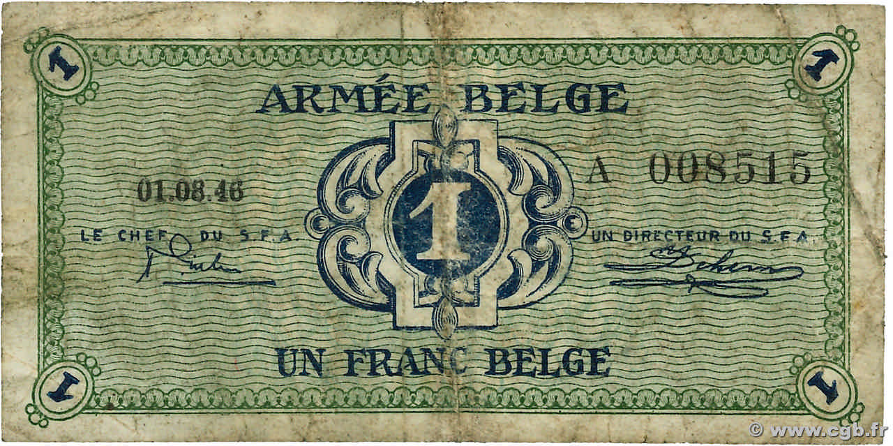 1 Franc BELGIUM  1946 P.M1a VG