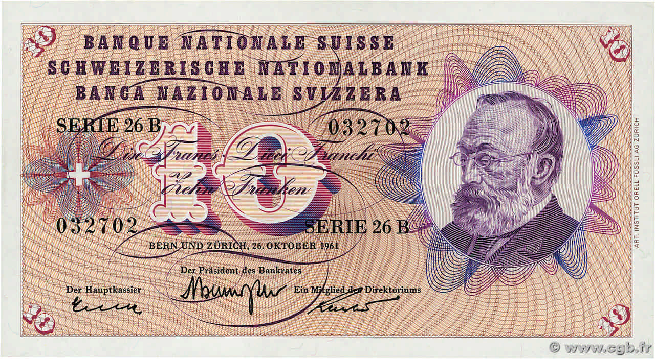 10 Francs SUISSE  1961 P.45g pr.NEUF