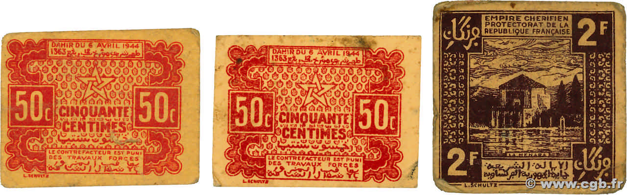 50 Centimes et 2 Francs Lot MAROC  1944 P.41 au P.43 TTB+