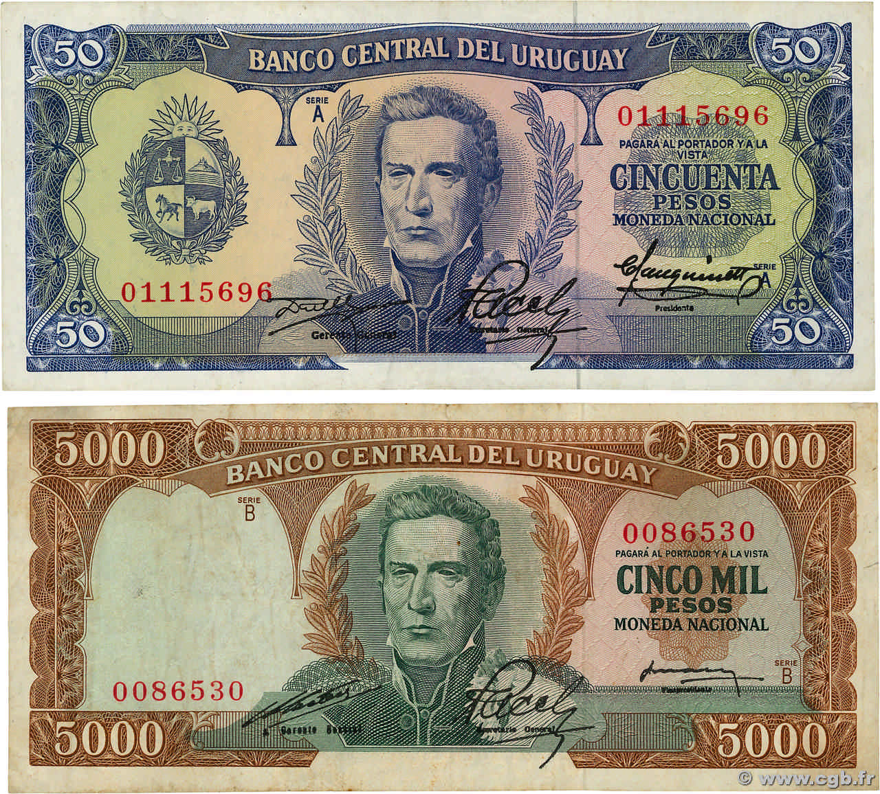 50 et 5000 Pesos Lot URUGUAY  1967 P.046a P.050a VF