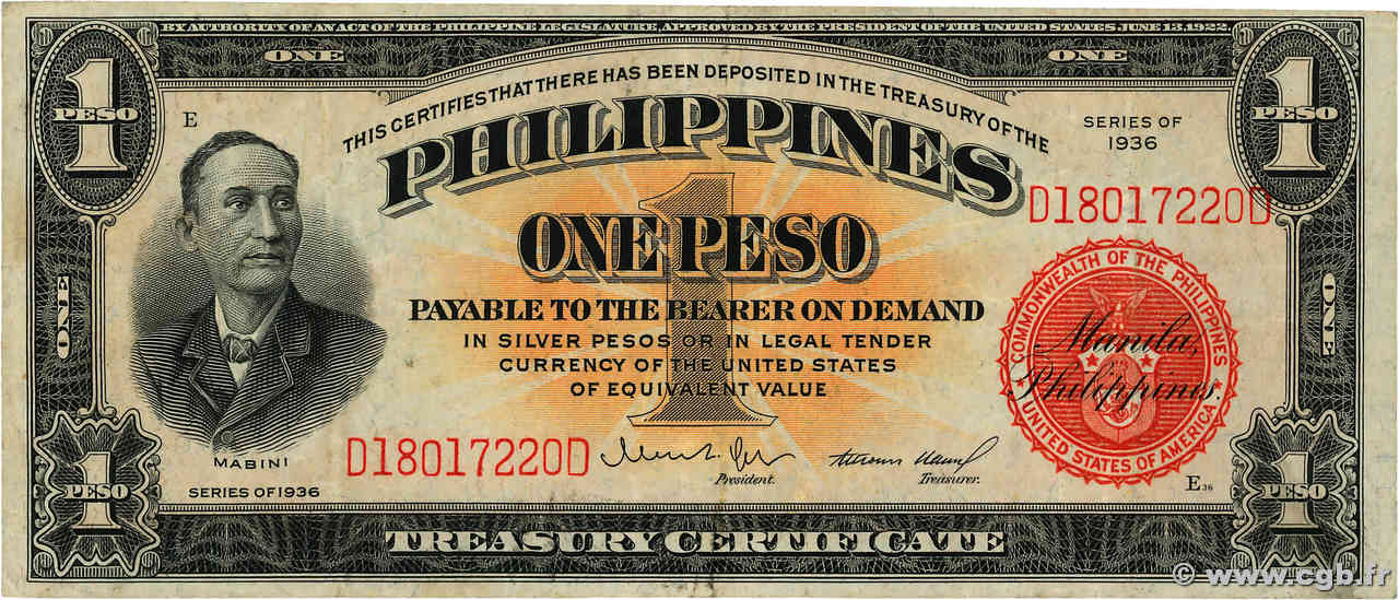 1 Peso PHILIPPINES  1936 P.081 TTB