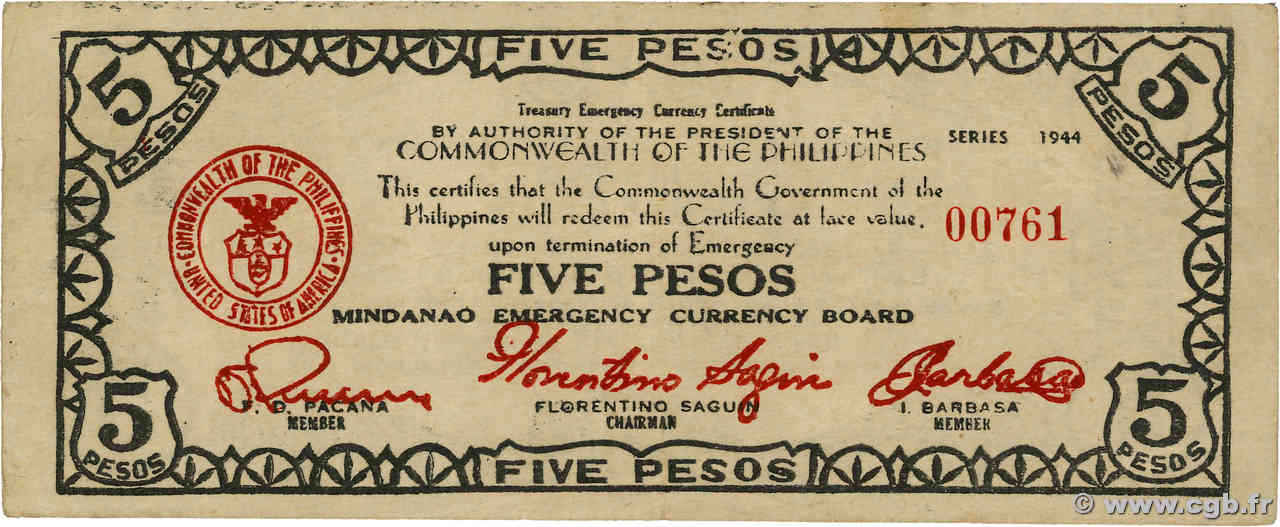 5 Pesos PHILIPPINES  1944 PS.526a VF